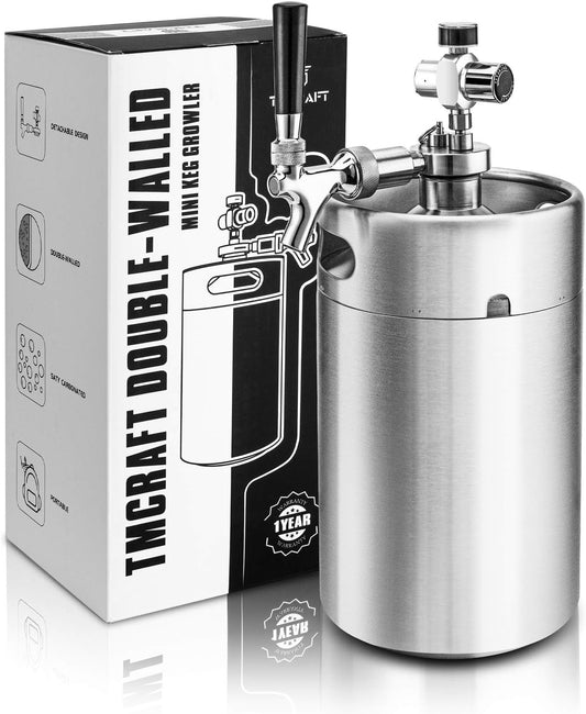 TMCRAFT 120 oz Dubbelwandige Mini Keg Growler, Drukgereguleerd Thuis Bierdispenser Systeem met Verwijderbare Tap en Regulator, Houdt Versheid en Koolzuur voor Craft Beer Draft/Homebrew
