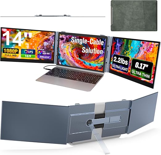 Draagbare Monitor Laptop – Mobiele Scherm Extender – Laptop Display Extra – USB-C Monitor – 14 Inch Full HD – Ultradun & Lichtgewicht – Triple Screen Plug & Play