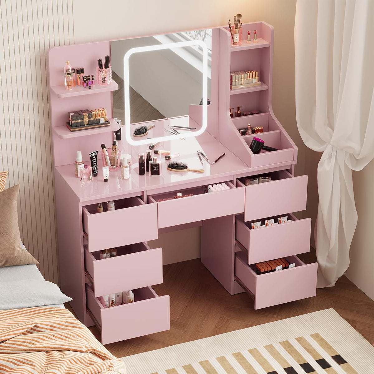 Devoko Large Dressing Table with Adjustable LED Lights and Drawer, Makeup Table with Mirror, Makeup Table with 7 Drawers, 4Open Storage Shelves, Modern Bedroom Furniture for Girls,110 x 40cm(Pink) - QUORE