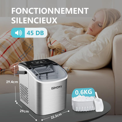 EUHOMY IJsblokjesmachine, 12 kg in 24 uur, 9 ijsblokjes in 8 minuten, roestvrij staal, krachtige ijsmachine met draaggreep, lepel, voor huis/keuken/camping