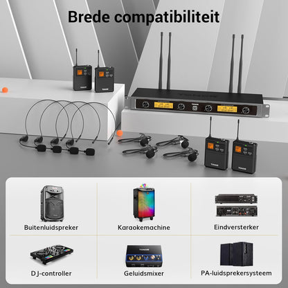 UHF Draadloos Microfoonsysteem Met Headset En Lavalier Microfoons – Draadloze Microfoonset – Headset Microfoon – Lavalier Microfoon – Bodypack Zender – Tot 90 Meter Bereik – 20 Instelbare Frequenties