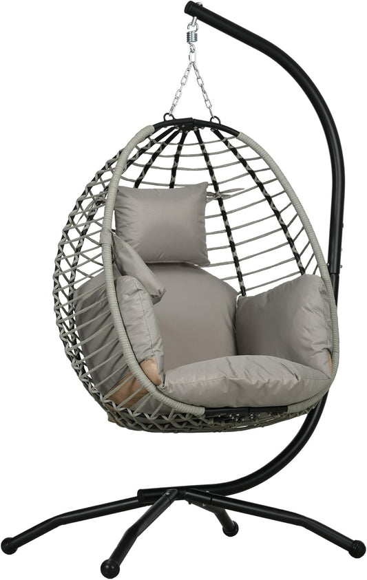 Outsunny Hanging Egg Chair, Swing, Folding with Cushion and Holder, for Indoor and Outdoor Use, Metal Polypropylene Rope, Dimensions: 110 L x 100 W x 188 H cm - QUORE