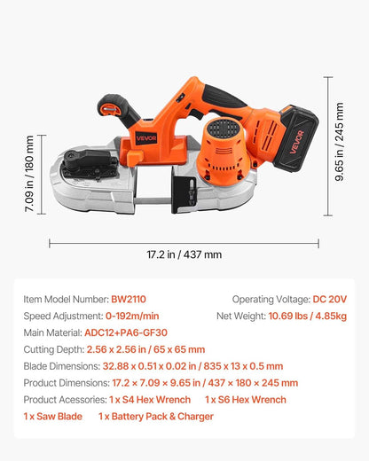 VEVOR 20 V cordless band saw, 65 x 65 mm cutting depth, metal band saw with brushless motor, 4000 mAh battery and charger, 0-192 m/min variable speed, ideal for cutting metal and wood