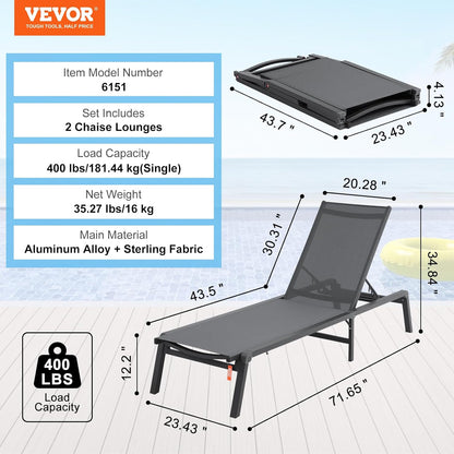 VEVOR Tuinligbed voor buiten, 2 stuks, inklapbaar, van aluminium, voor terras, met 5 verstelbare posities, volledig plat, voor strand, zwembad, outdoor, donkergrijs