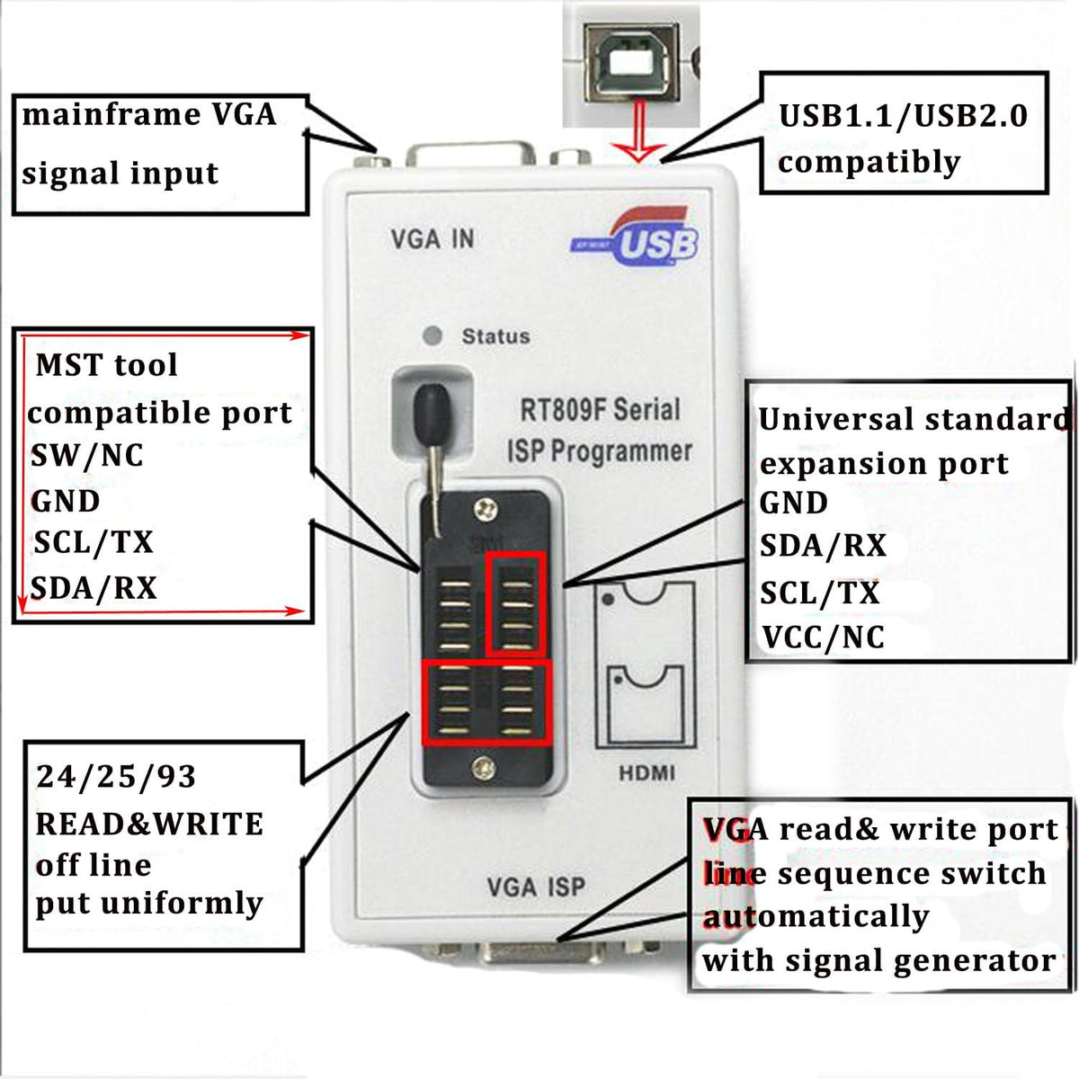 RT809F Programmer 8 Adapters Moederbord Reader sop8 IC socket flash programmer clip eprom klem VGA ICSP LCD PCB Board 24 25 93 serie