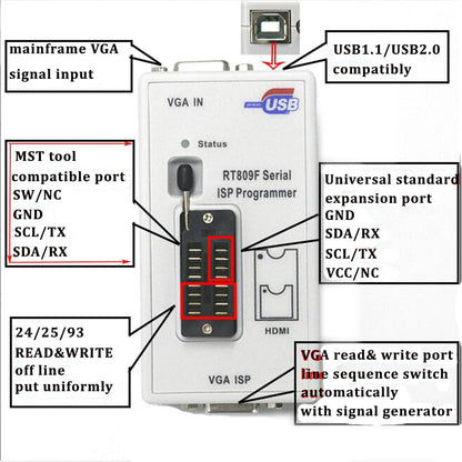 RT809F Programmer 8 Adapters Moederbord Reader sop8 IC socket flash programmer clip eprom klem VGA ICSP LCD PCB Board 24 25 93 serie