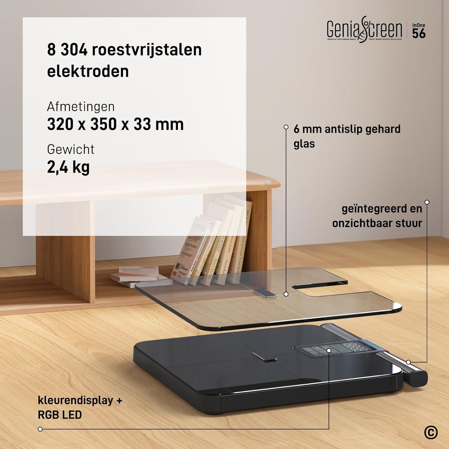 Lichaamsvetweegschaal met handsensoren van Geharde Glas - GeniaScreen InOne Digitale Weegschaal met Lichaamsanalyse 56 Metingen voor Spiermassa Vet BMI LCD Display met Wi-Fi en Bluetooth 220 Kg