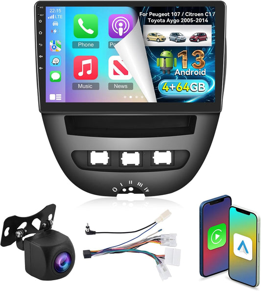 [4+64G] Carplay Radio for Peugeot 107 / Citroen C1 / Toyota Aygo 2005-2014 - 10.1 inch IPS 1280 * 720P Touch Screen EQ Audio - Wireless Android Car, AI DSP, SWC + AHD Backup Camera - QUORE