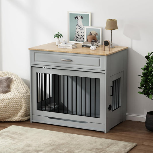 Dog Crate Furniture, Wooden Dog Cage with Up-and-Over Sliding Door and Drawer, Furniture Style Indoor Dogs Kennel End Table with 360°Rotatable Dog Bowl, Grey - QUORE