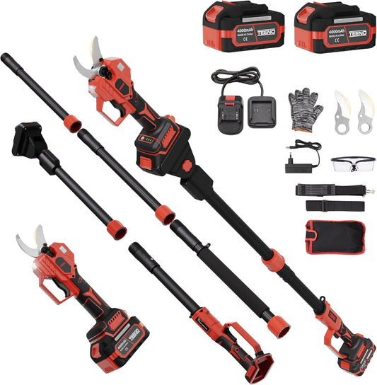 TEENO 2-in-1 tuinschaar, werkt op batterijen, 50 mm met telescoopstang van 3 m, 2 x 4000 mAh, borstelloze motor, lemmet SK5, 3 snijmodi, batterijverlengkabel 1,05 m voor tuin