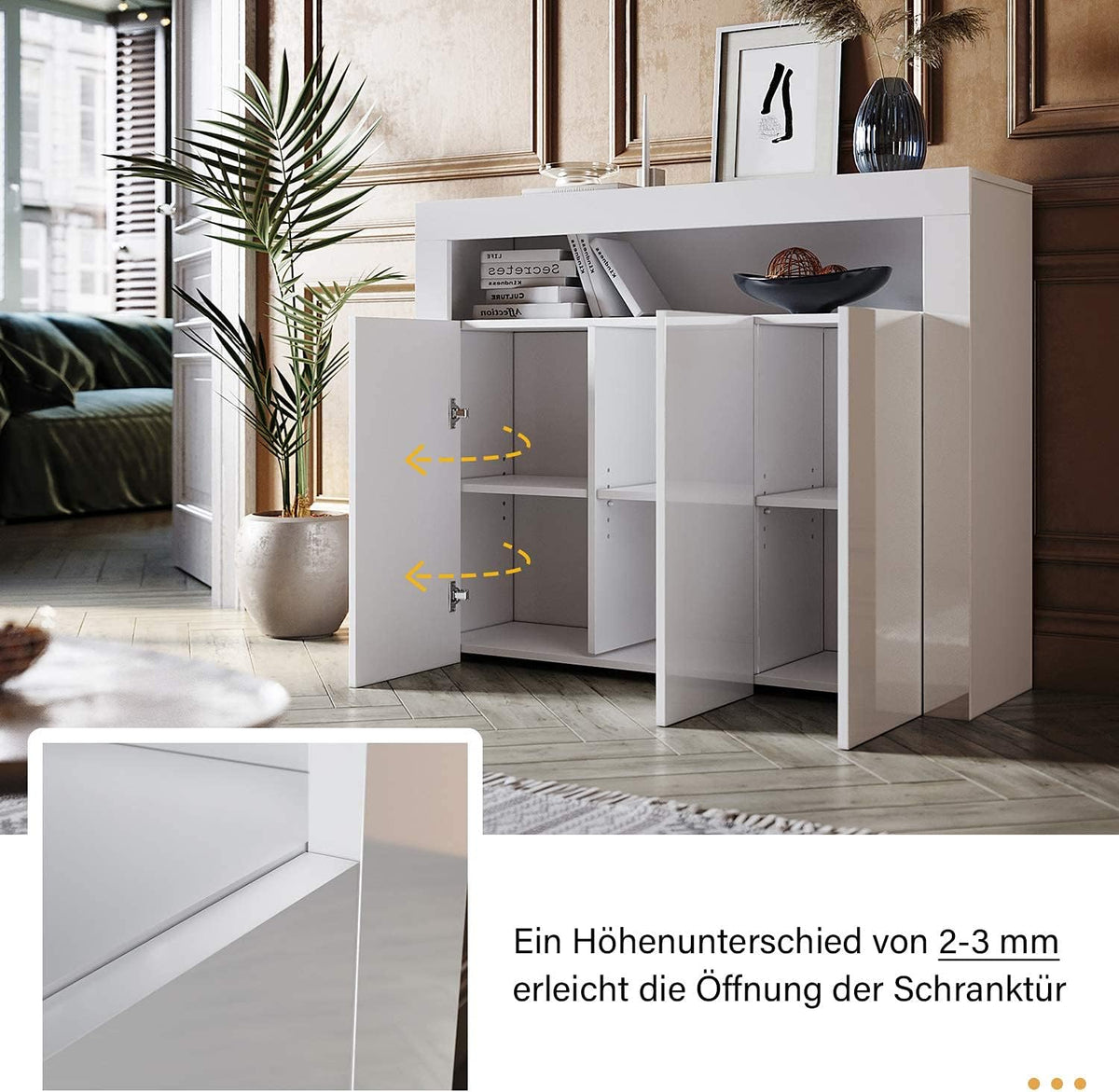 SONNI Sideboard White High Gloss with LED, 12 Colours Can Be Adjusted, 3 Doors, Cupboard, Comod Cabinet, Dresser for Kitchen, Dining Room, Living Room, 116 x 35 x 93 cm, GK002 - QUORE