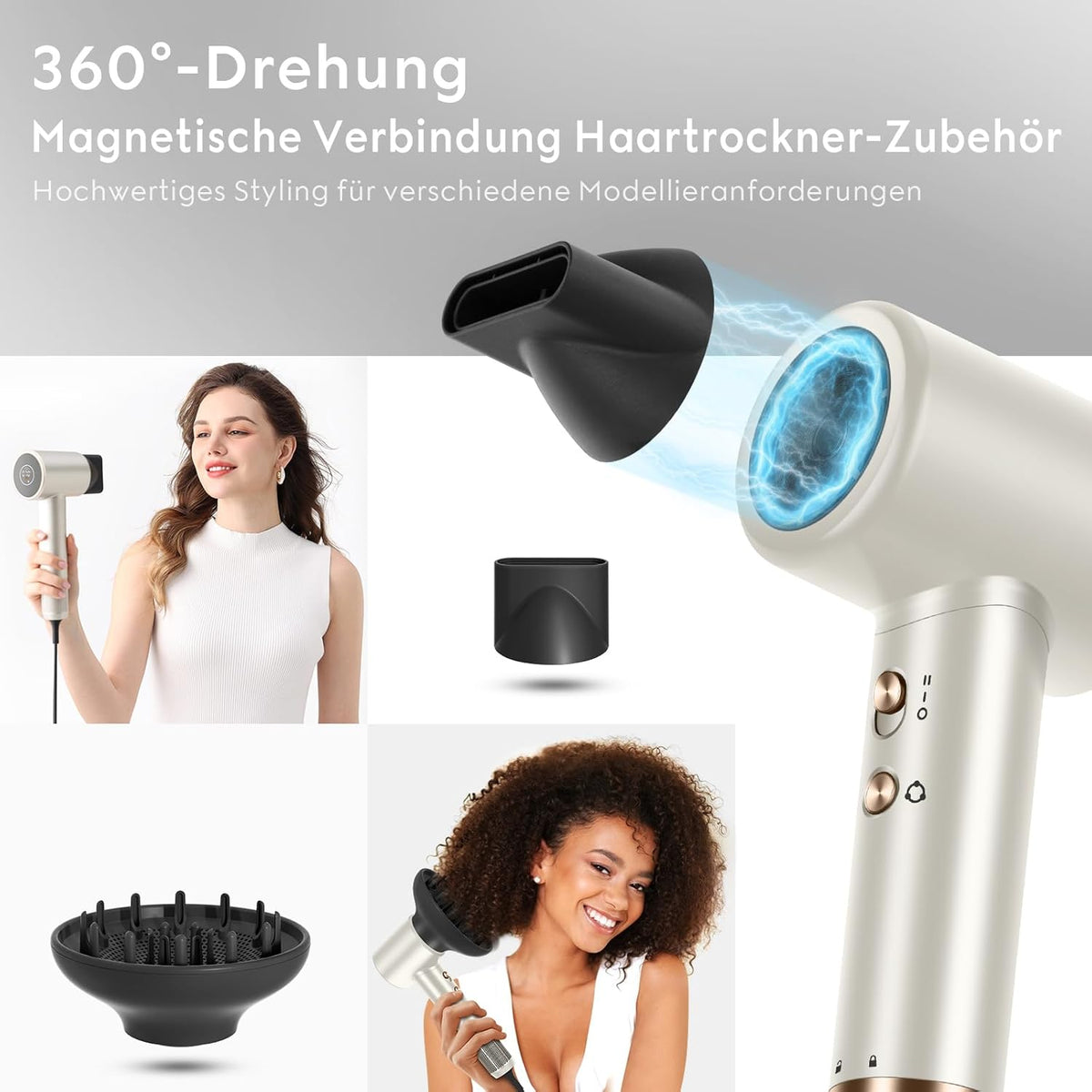 Föhn – Haardroger – Stylingföhn – Ionische Föhn – Reisföhn – Champagnekleur – 110.000 Tpm Borstelloze Motor – 2x 32 Mm Auto-Wrap Curler