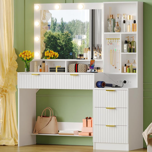 Devoko LED Lighting Makeup Table with Mirror, Dressing Table with Sockets and 5 Drawers, 6 Jewellery Hooks and Open Shelves, Vanity Desk for Bedroom (White) - QUORE