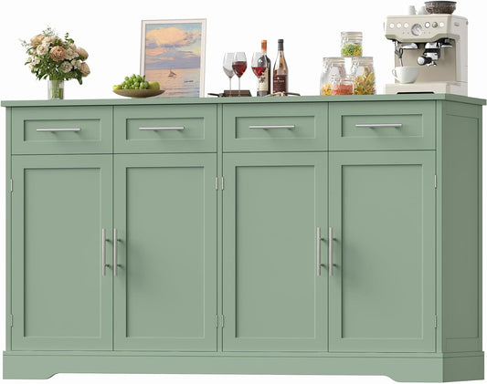 Sideboard – Dressoir – Keukenkast – Buffetkast – Ladekast – 150 cm Breed – MDF Groen Met Zilveren Handgrepen