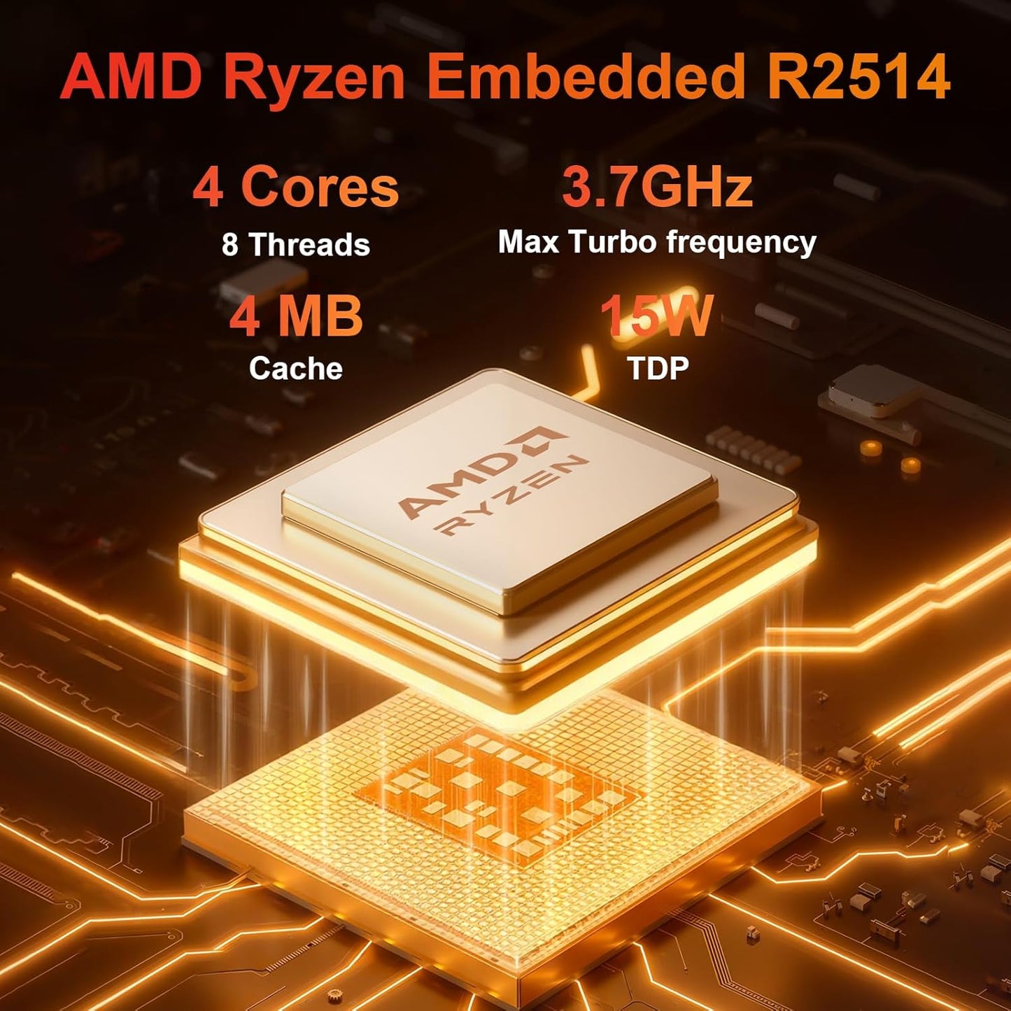 AWOW Mini PC, AMD Ryzen Embedded R2514 (4 cores, tot 3,7 GHz), 16 GB DDR4, 512 GB PCIe 3.0 SSD, Radeon Graphics, 4K-display 1000 M LAN, WiFi 5
