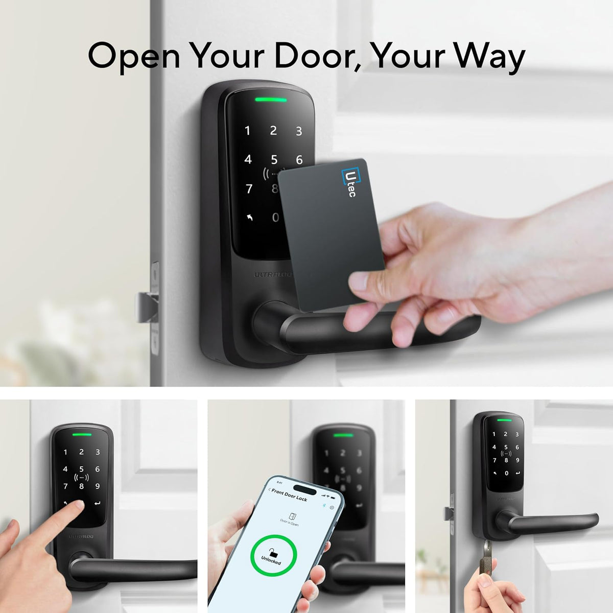 ULTRALOQ Latch 5 ingebouwd WiFi Smart Lock met NFC, 5-in-1 sleutelloos toegangsdeurslot met Bluetooth, slimme handgreep met toetsenbord (zwart)