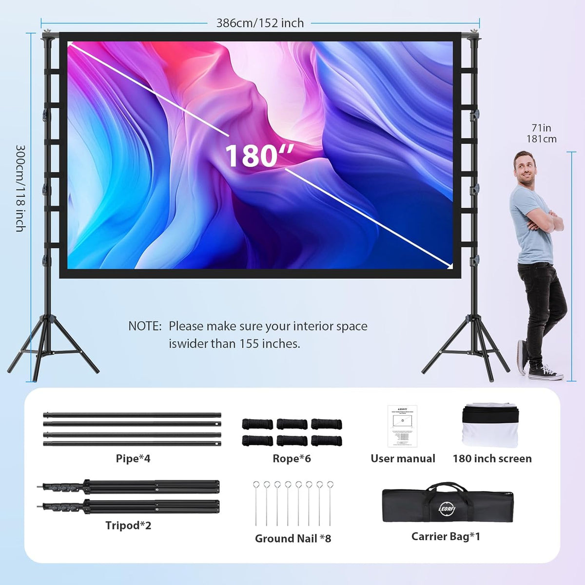 180 inch groot projectiescherm met statief, grote projectieschermstandaard voor buiten, draagbaar, met draagtas, voor binnen, HD 16:9 achter achter verstelbaar