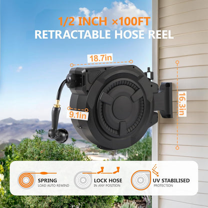 Slanghaspel 1/2" x 100ft, 180° draaibare wandgemonteerde tuinslanghaspel, slanghaspels voor buitenslot op elke lengte, langzaam retoursysteem, intrekbare slang, waterslanghaspel met 10 patronen