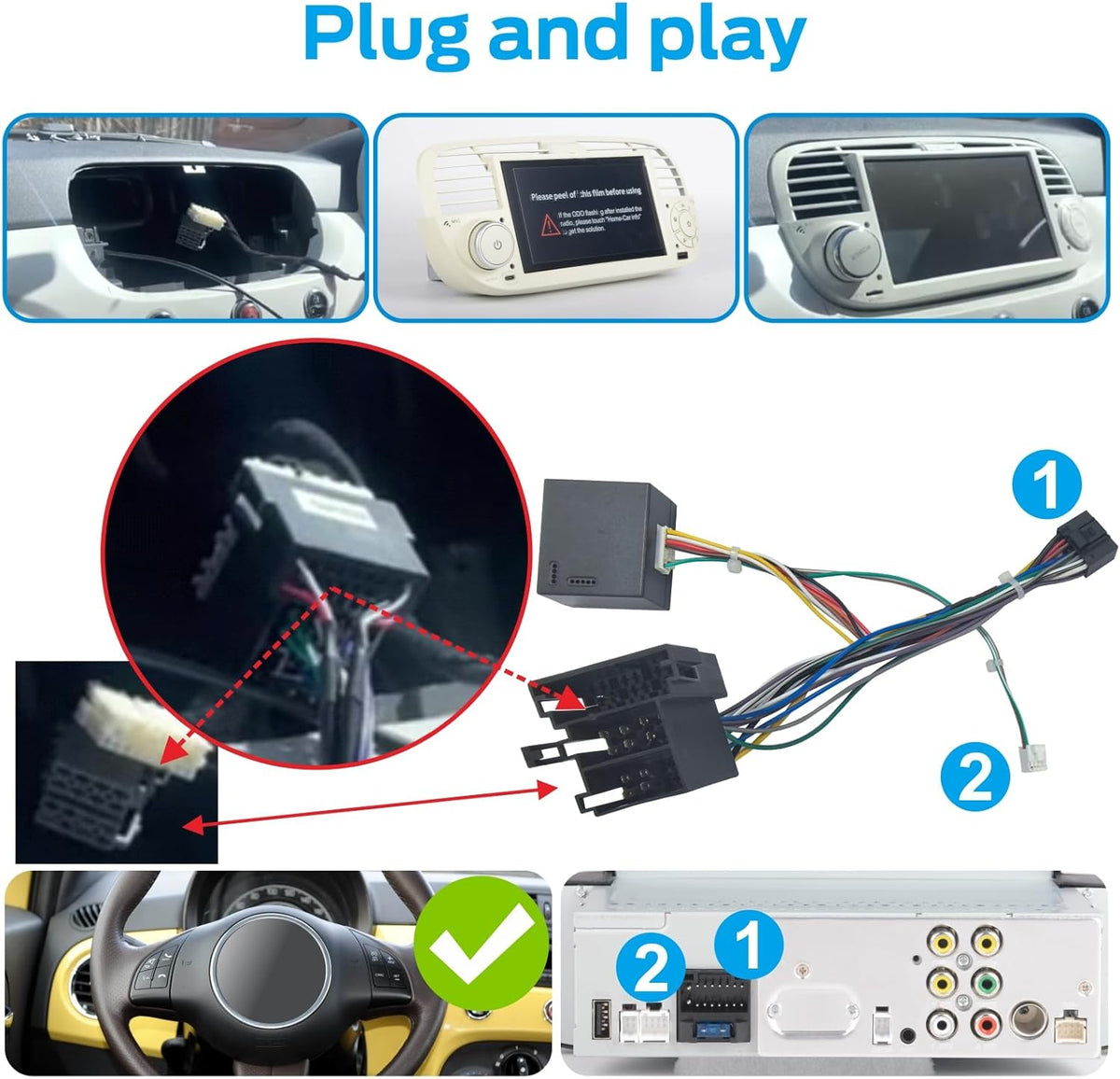 Fast Boot Linux Autoradio Compatible with Fiat 500 2007-2015 | Plug & Play | Bluetooth/Wireless CarPlay/Android Auto/FM/AM/RDS/USB | 100W DSP |Black