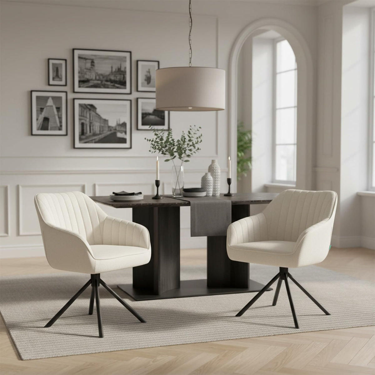 DUBI Möbel Dining Room Chairs Set of 2, 360° Swivel with Pocket Spring, High Seat Comfort, Load Capacity up to 150 kg, Fabric Cream, Robust Metal Cross Frame, Modern Design, Mika-Maya - QUORE