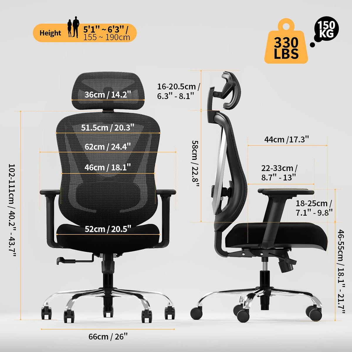 Bureaustoel – Ergonomische Stoel – Office Chair – Kantoorstoel – Computerstoel – 3D-Lendensteun – Verstelbare 3D-Armleuningen