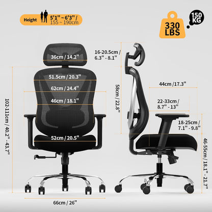 HOLLUDLE Ergonomische bureaustoel met 3D-lendensteun en verstelbare 3D-armleuningen, V-vormig ontwerp, comfortabele bureaustoel voor kantoor en thuis, zwart