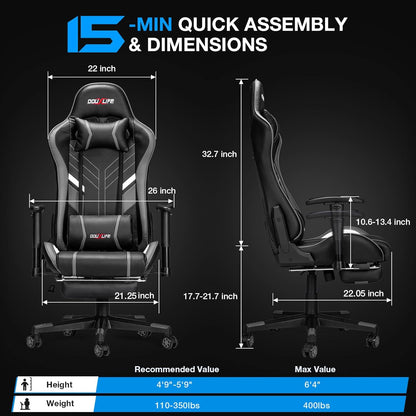 Douxlife Gaming Stoel, met 7-punts Massage, Ergonomische bureaustoel met Voetensteun, 90-175° Rugleuning Instelbaar, Verstelbare 2D-Armleuning, PC-gamerstoel, Bureaustoel, 180 kg, Grijs