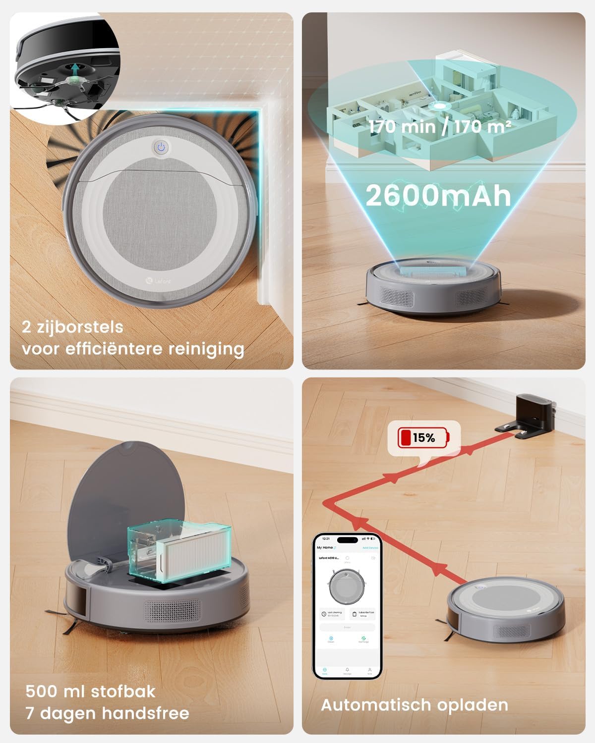 Robotstofzuiger – Robotstofzuiger en dweilrobot – Slimme vloerreiniger – Automatische stofzuiger – 3-in-1 stofzuigen vegen dweilen – 6000 Pa zuigkracht – ToF PSD navigatie met appbesturing