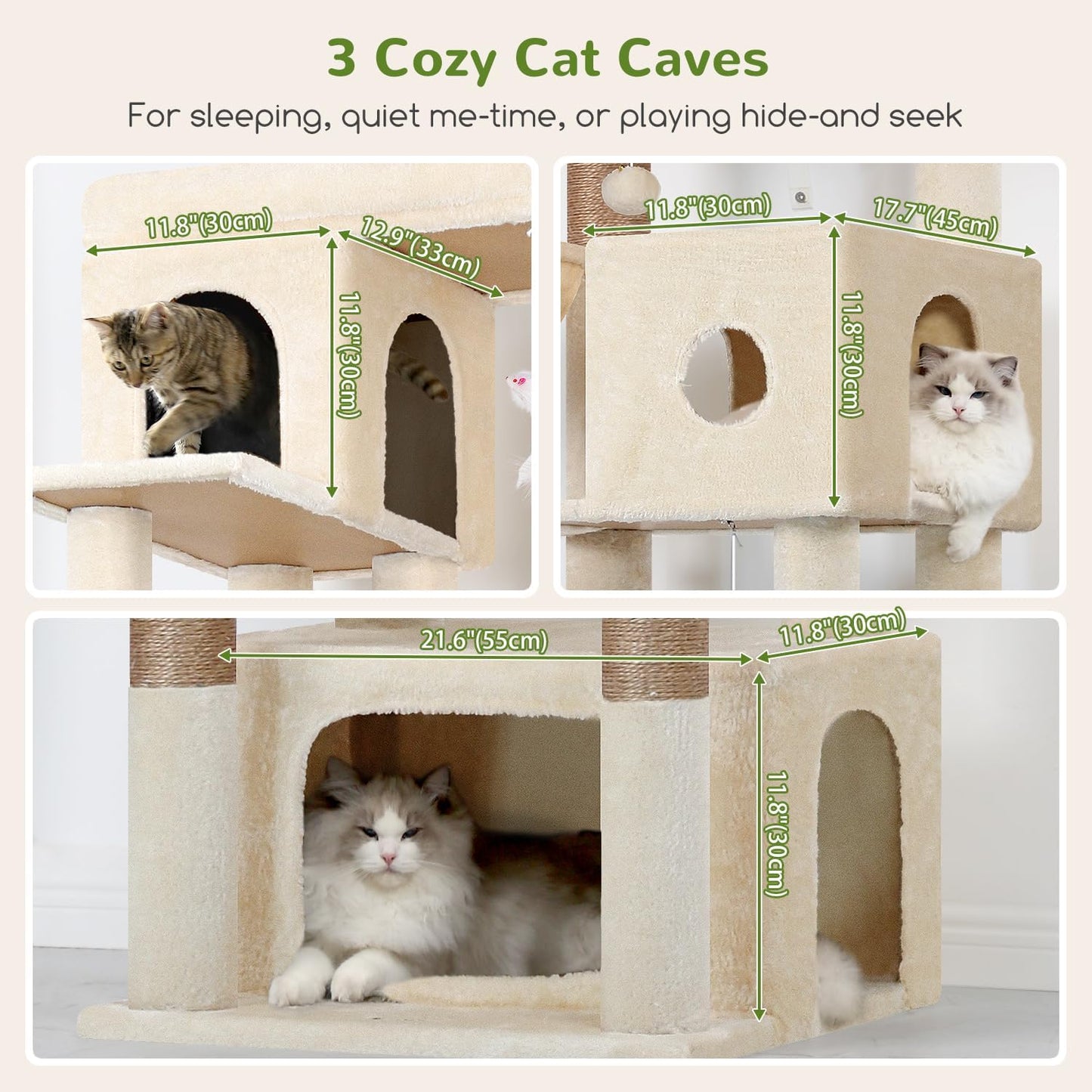 Globlazer Cat Tree Beige Large, Cat Tree XXL high 204cm with 3 cat house, 2 Large Platform, 2 Cat Baskets Soft, Stable cat tower Luxury for 3-5 Large cats Rest Play Indoor (F80F, Beige) - QUORE
