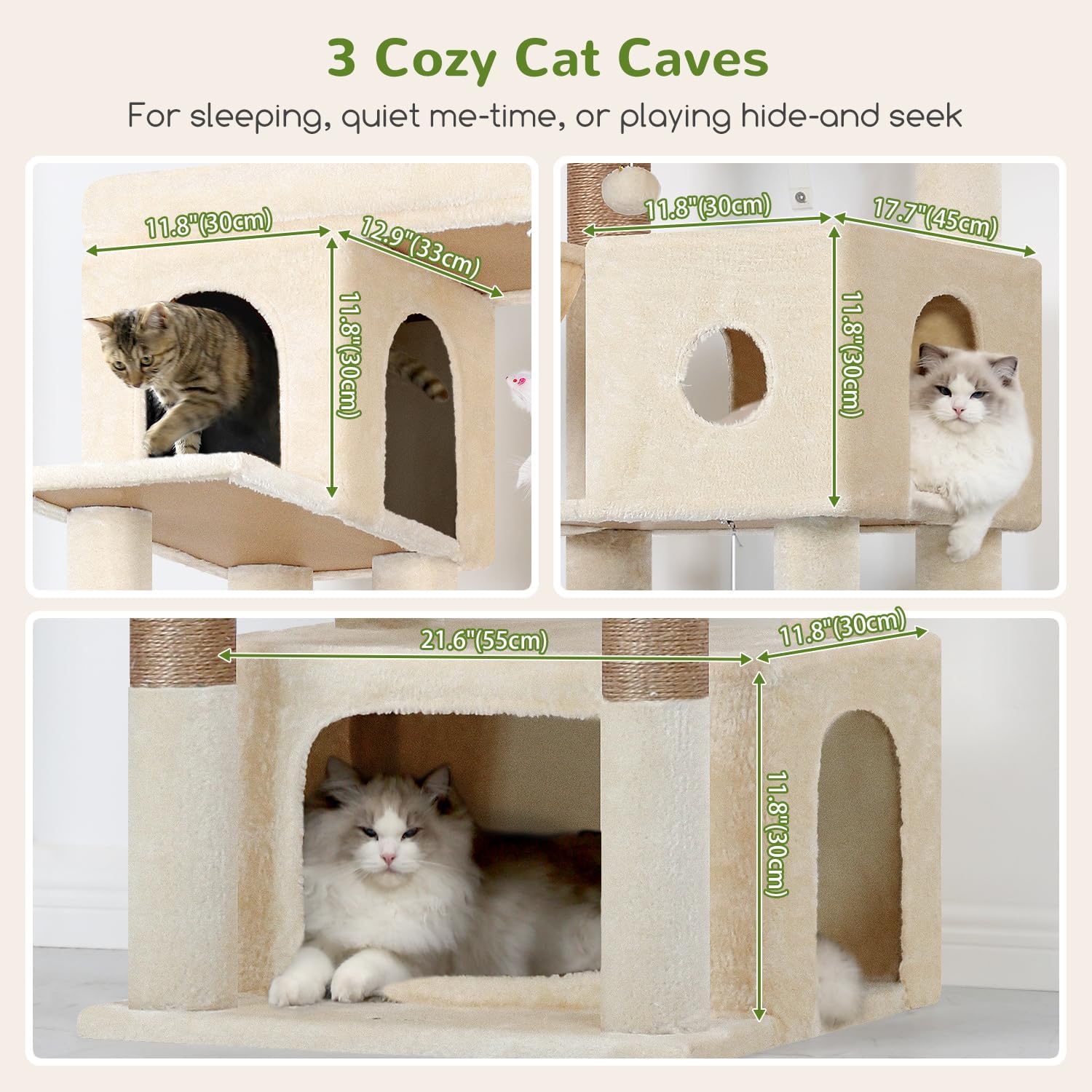 Globlazer Cat Tree Beige Large, Cat Tree XXL high 204cm with 3 cat house, 2 Large Platform, 2 Cat Baskets Soft, Stable cat tower Luxury for 3-5 Large cats Rest Play Indoor (F80F, Beige) - QUORE
