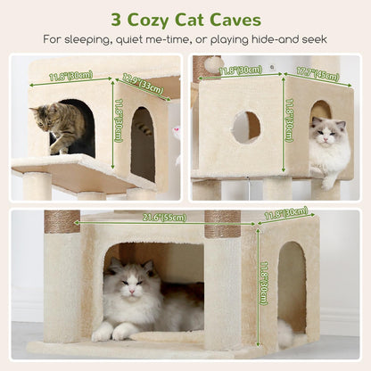 Globlazer Cat Tree Beige Large, Cat Tree XXL high 204cm with 3 cat house, 2 Large Platform, 2 Cat Baskets Soft, Stable cat tower Luxury for 3-5 Large cats Rest Play Indoor (F80F, Beige) - QUORE