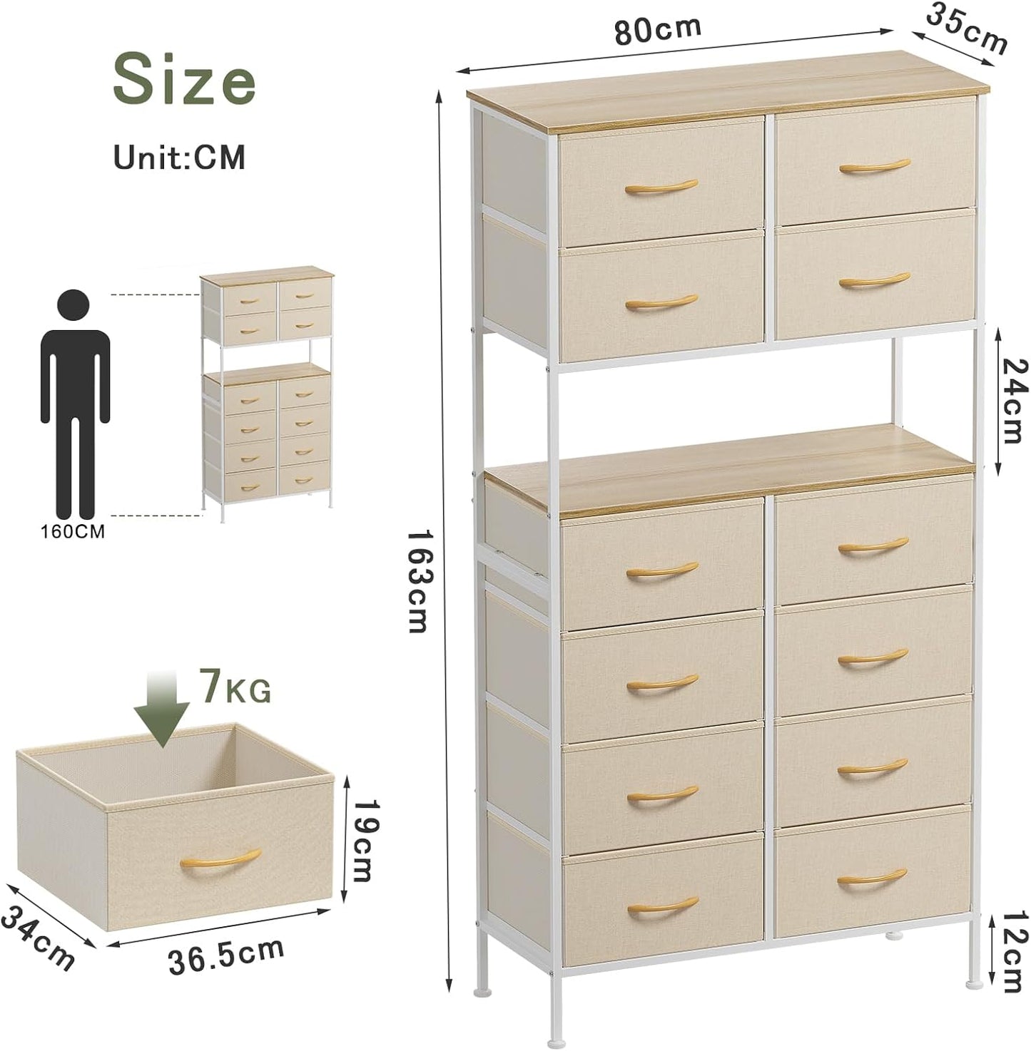 Ladekast – Kast – Opbergkast – Dressoir – Ladenkast – Beige – 12 Ruime Lades – Stevig Metalen Frame