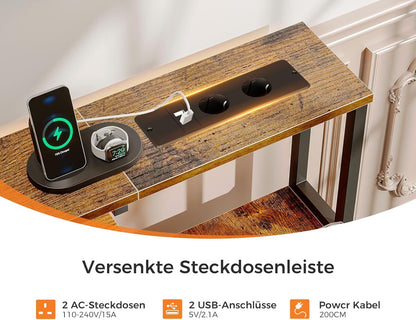 Colsehome Bureau met Laden, 140x48cm Omkeerbaar Computer Bureau met Stopcontact & USB, Gaming Tafel LED Licht, Toetsenbordlade & Monitorstandaard voor Kantoor, Slaapkamer, Bruin