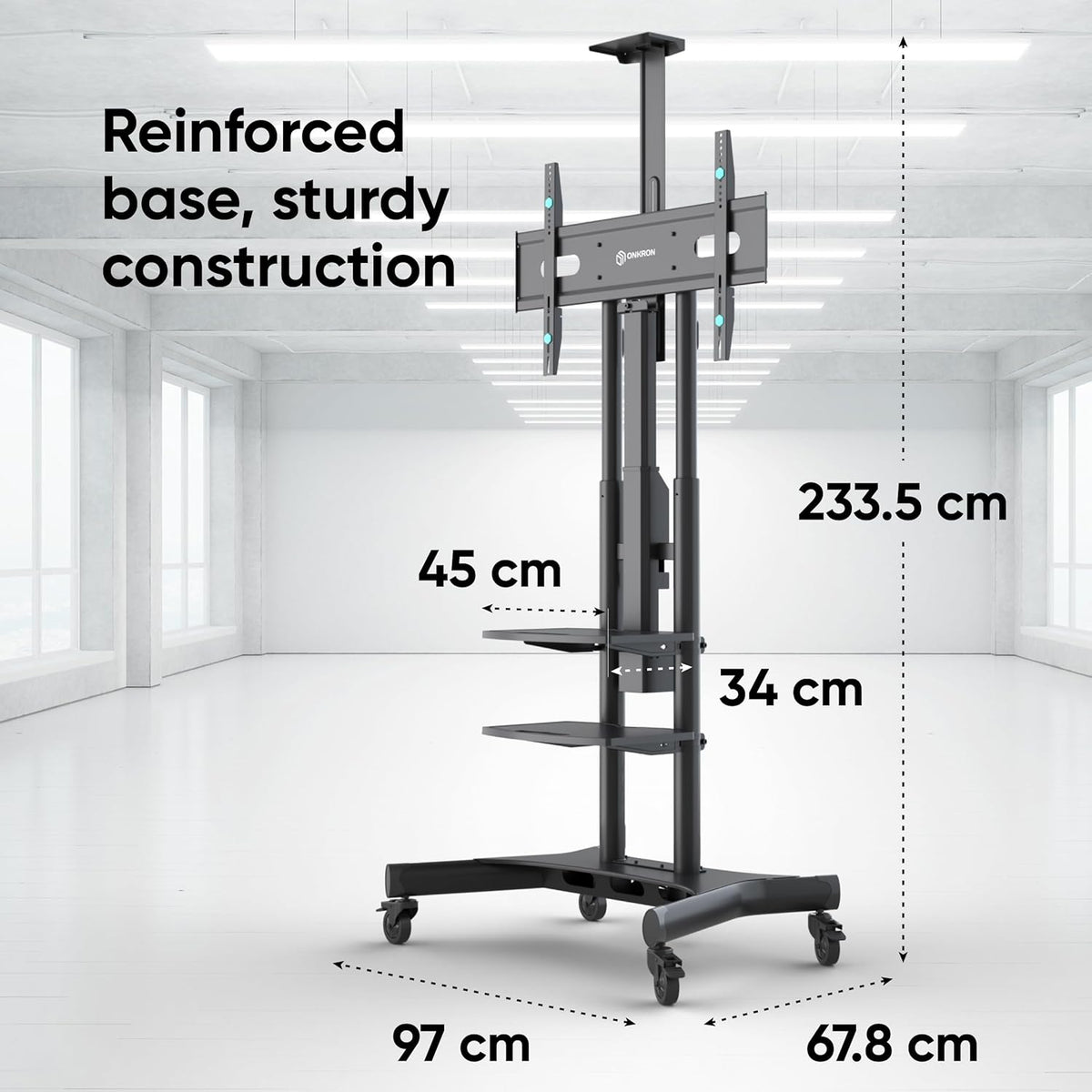 ONKRON Gemotoriseerde TV Beugel op Wielen voor 50" - 86" Scherm, Mobiele TV Standaard met TV Lift tot 90.9 kg - Vloerstandaard Televisie Lift Max VESA 800x500/TV Lift Elektrische Kast TS1881E-B Zwart