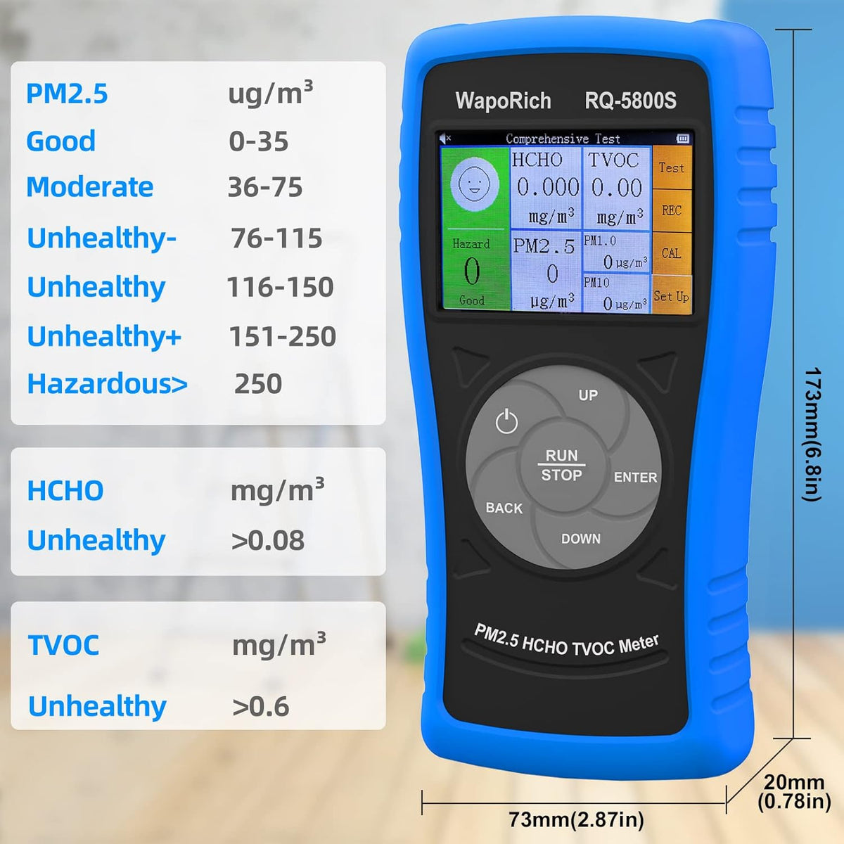 3-in-1 luchtkwaliteitsmonitor RQ-5800S, formaldehyde-detector, TVOC, HCHO-monitor voor het testen van PM2,5, PM10, HCHO, TVOC, USB-oplaadbaar, voor binnen, buiten, slaapkamer