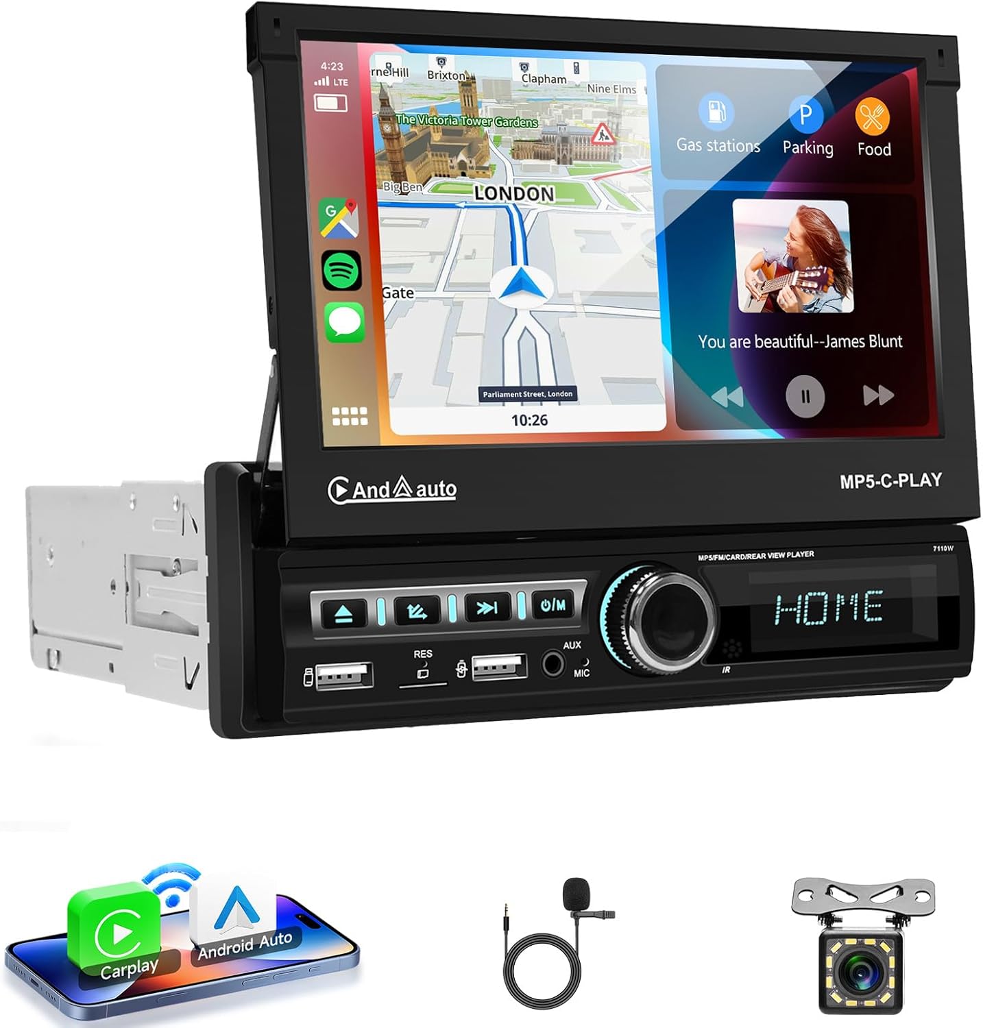 Autoradio 1 Din met draadloze Carplay Android Auto, 7 inch IPS HD elektrisch intrekbaar touchscreen autoradio, Bluetooth Link spiegelen FM 2USB/AUX stuurwielbediening achteruitrijcamera