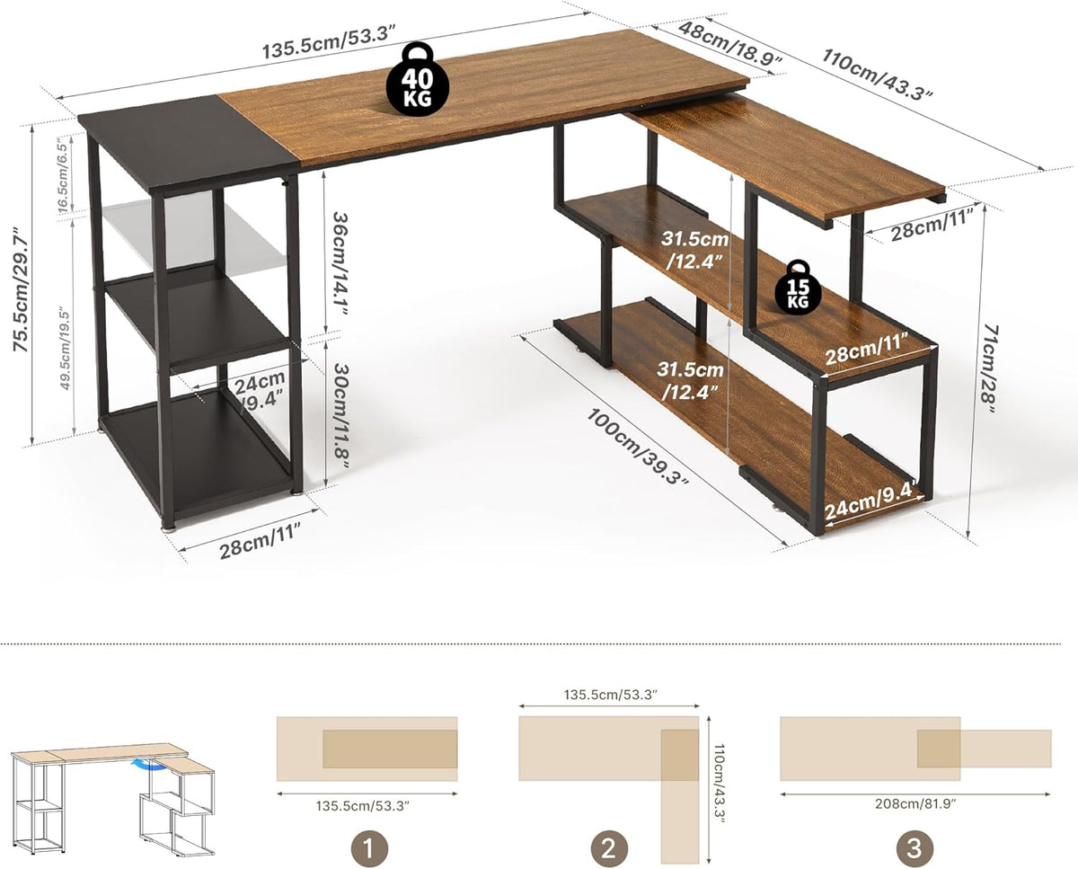 Mondeer L-vormig computerbureau, hoekbureau, 360° draaibare planken en verstelbare opbergplanken, ruimtebesparend voor thuiskantoor, studio-werkstation, rustiek bruin en zwart