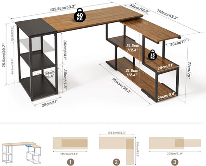 Mondeer L-vormig computerbureau, hoekbureau, 360° draaibare planken en verstelbare opbergplanken, ruimtebesparend voor thuiskantoor, studio-werkstation, rustiek bruin en zwart