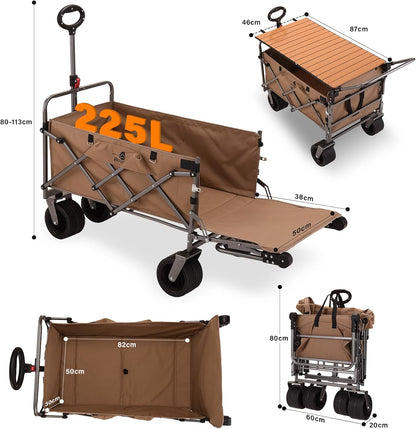 Opvouwbare Bolderwagen met Brede Wielen en Rem, 120KG Transportkar voor Multi-Terrein met Opvouwbare Achterklep, Tuinwagen Campingkar voor Picknick, Vissen, Buiten (Met Tafelblad)