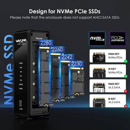 WAVLINK 40Gbps M.2 Dual Bay NVMe Enclosure, NVMe SSD Enclosure met koelventil, compatibel met Thunderbolt5/4/3, USB4/3.2/2.0, UASP & TRIM, Offline Clone, tot 3300MB/s