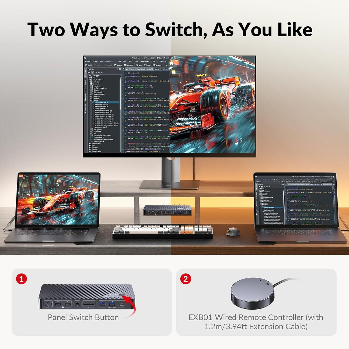 AV Access Docking Station KVM Switch 2 Monitor 2 Laptops, 4K KVM Switch Dual Monitor, 100W PD voor elke pc, 1G Ethernet, EDID-emulatie, ideaal voor thuiskantoor en gaming