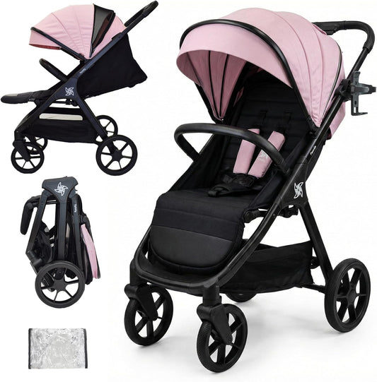 SPACELY, kinderwagen buggy, tot 22 kg, kinderwagen zeer groot en comfortabel, ruime zitting, zeer gemakkelijk op te vouwen buggy, XXL kap met UPF50+ filter, regenbescherming, ligwagen (roze)