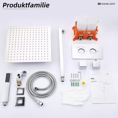 Douchekraan – Douchesysteem – Thermostaatkraan – Douchemengkraan – Regendouche – Inbouw – 30 cm Regendouchekop – Messing & Chroom