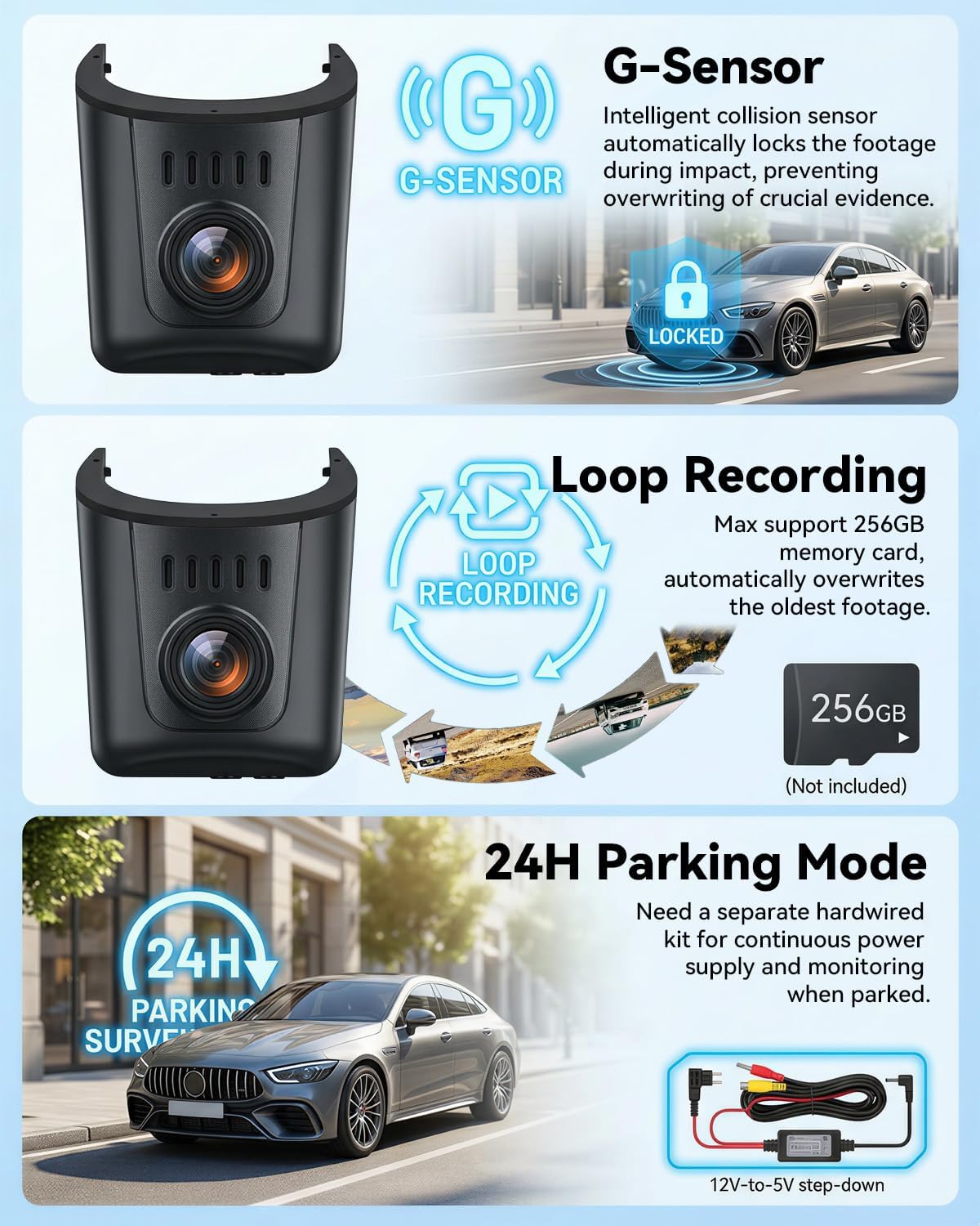 SIXWIN 4K dashcam, compatibel met Audi A4, A6, A3, A5, Q5, S4, S6, Q7, A8, S8, TT, A7, S5, Q3, S3, S7, RS3, RS5, RS6, e-tron, UHD 2160P wifi en app, autocamera, nachtzicht, G-sensor, loop-opname, 150°