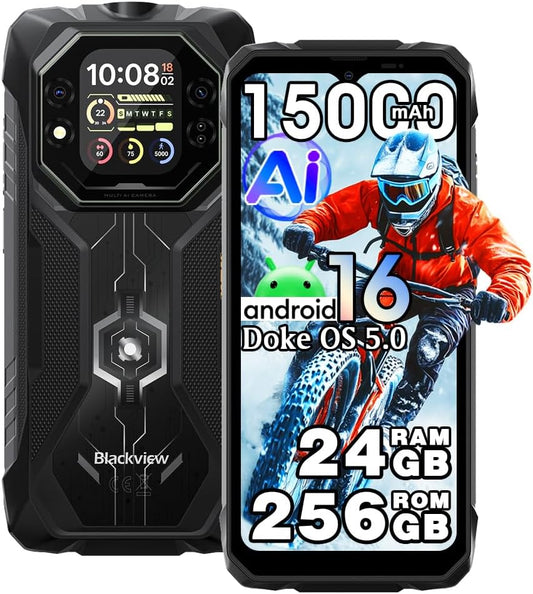 Blackview Rock 1 Android 16 Outdoor mobiele telefoon zonder abonnement, 24GB + 256GB/2TB Outdoor Smartphone Gemini AI, 15000mAh, 20MP + 16MP, 6,56" HD+ Dual Pantalla, IP68 waterdichte