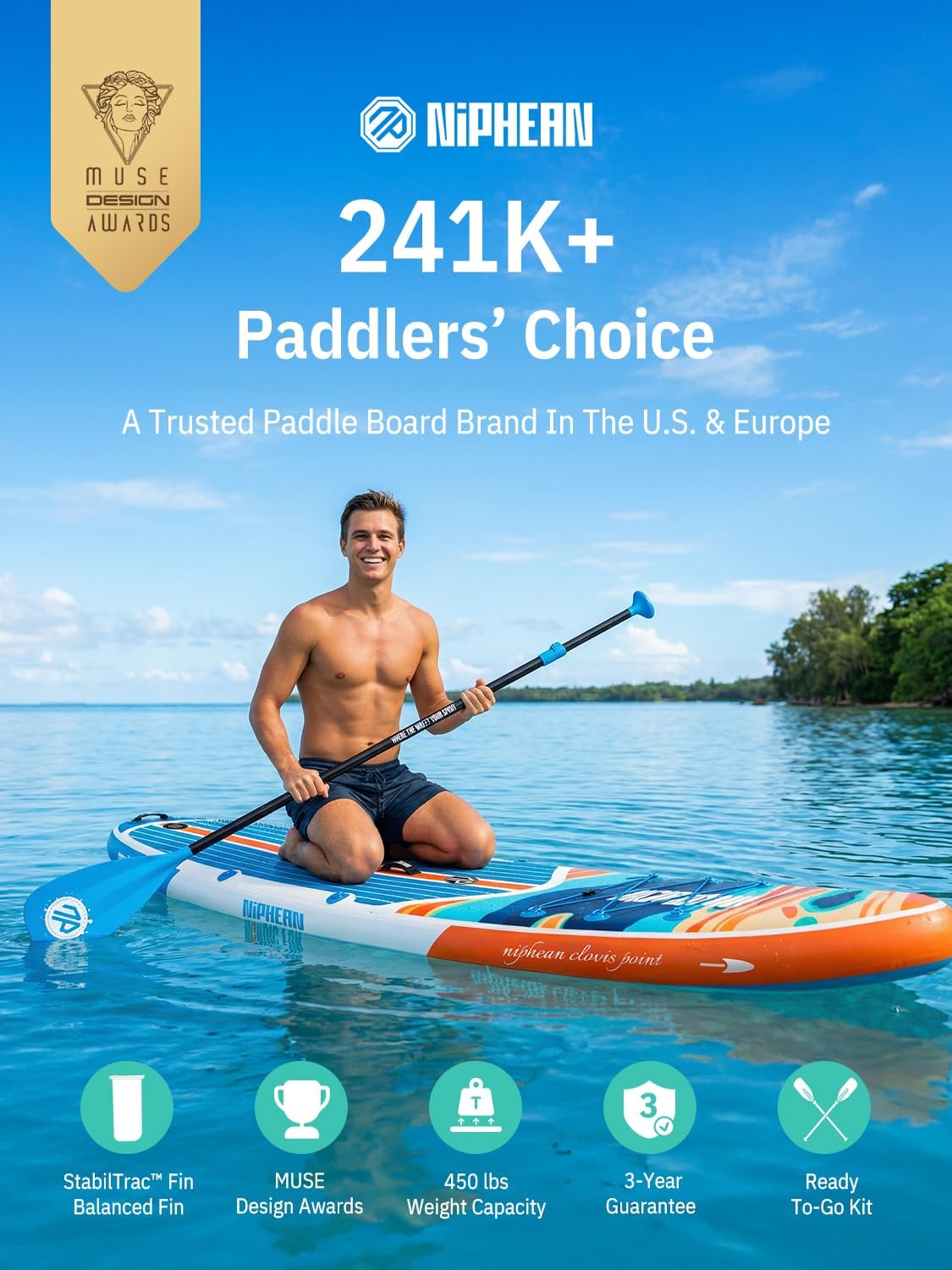 Niphean Opblaasbaar paddleboard voor volwassenen met alle accessoires, 320 cm stand-up paddleboard voor alle vaardigheidsniveaus, SUP met 200 kg gewichtscapaciteit voor 2 personen, opblaasbaar