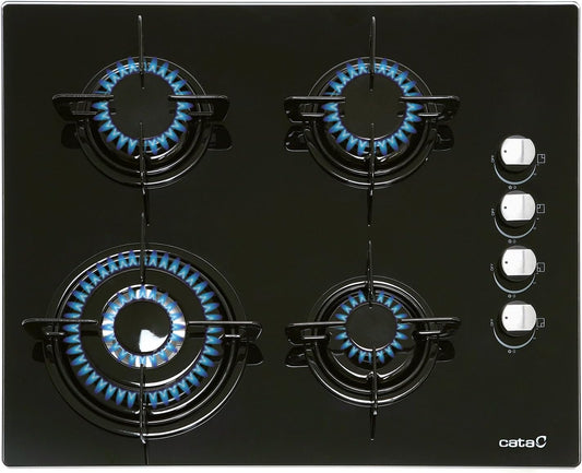 4-pits Gaskookplaat – Gasfornuis – Kookplaat – Gasplaat – Kookfornuis – Gehard Zwart Glas – Elektronische Ontsteking – 59 cm Breed