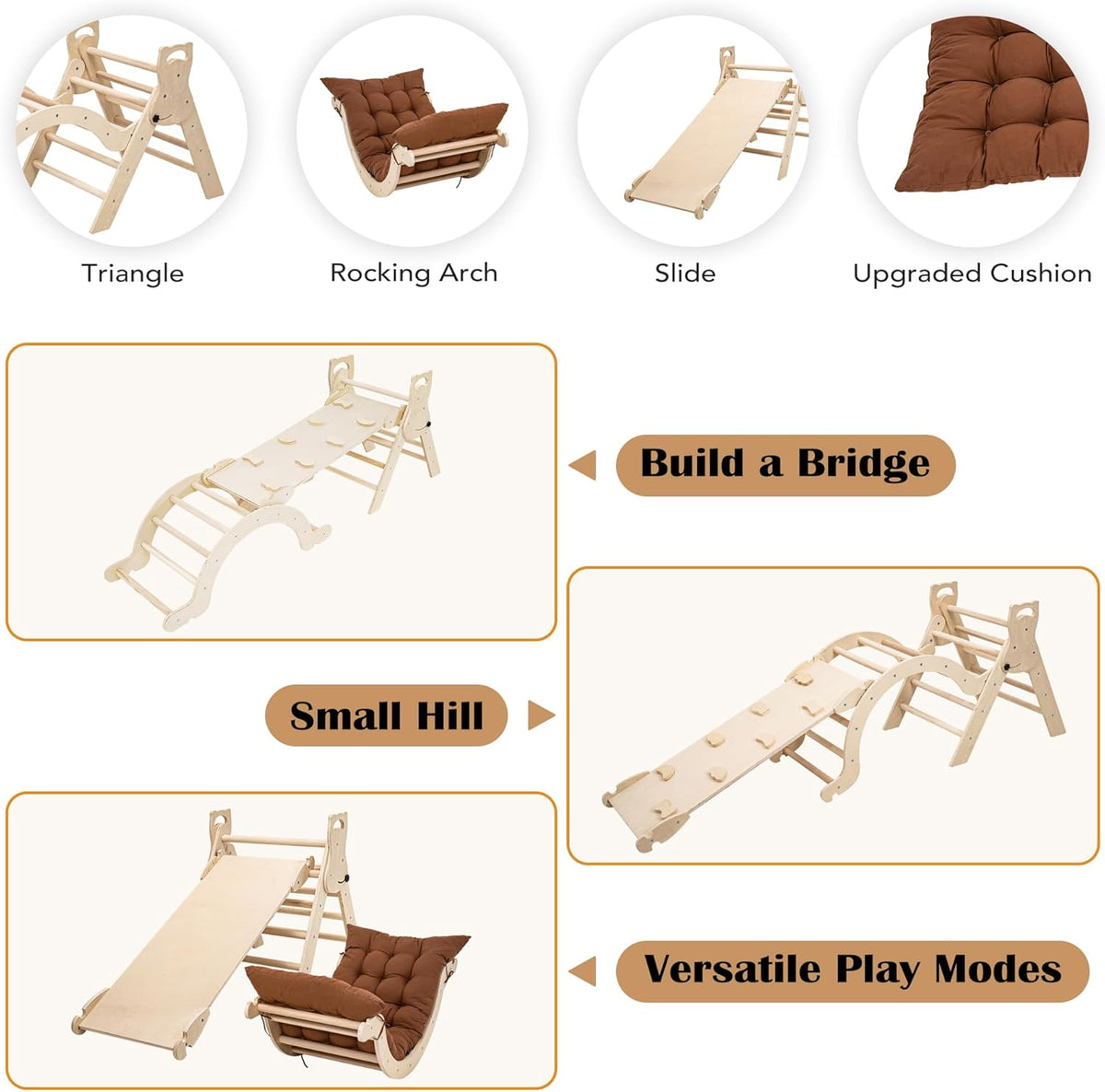 Peuter klimframe voor peuters leeftijd 1 2 3 4 5, indoor kinderen houten klimframe met glijbaan driehoek klimboog en kussen Montessori speelgoed peuter kind gym - medium (natuurlijk en ongeverfd)