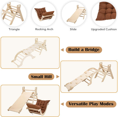 Peuter klimframe voor peuters leeftijd 1 2 3 4 5, indoor kinderen houten klimframe met glijbaan driehoek klimboog en kussen Montessori speelgoed peuter kind gym - medium (natuurlijk en ongeverfd)