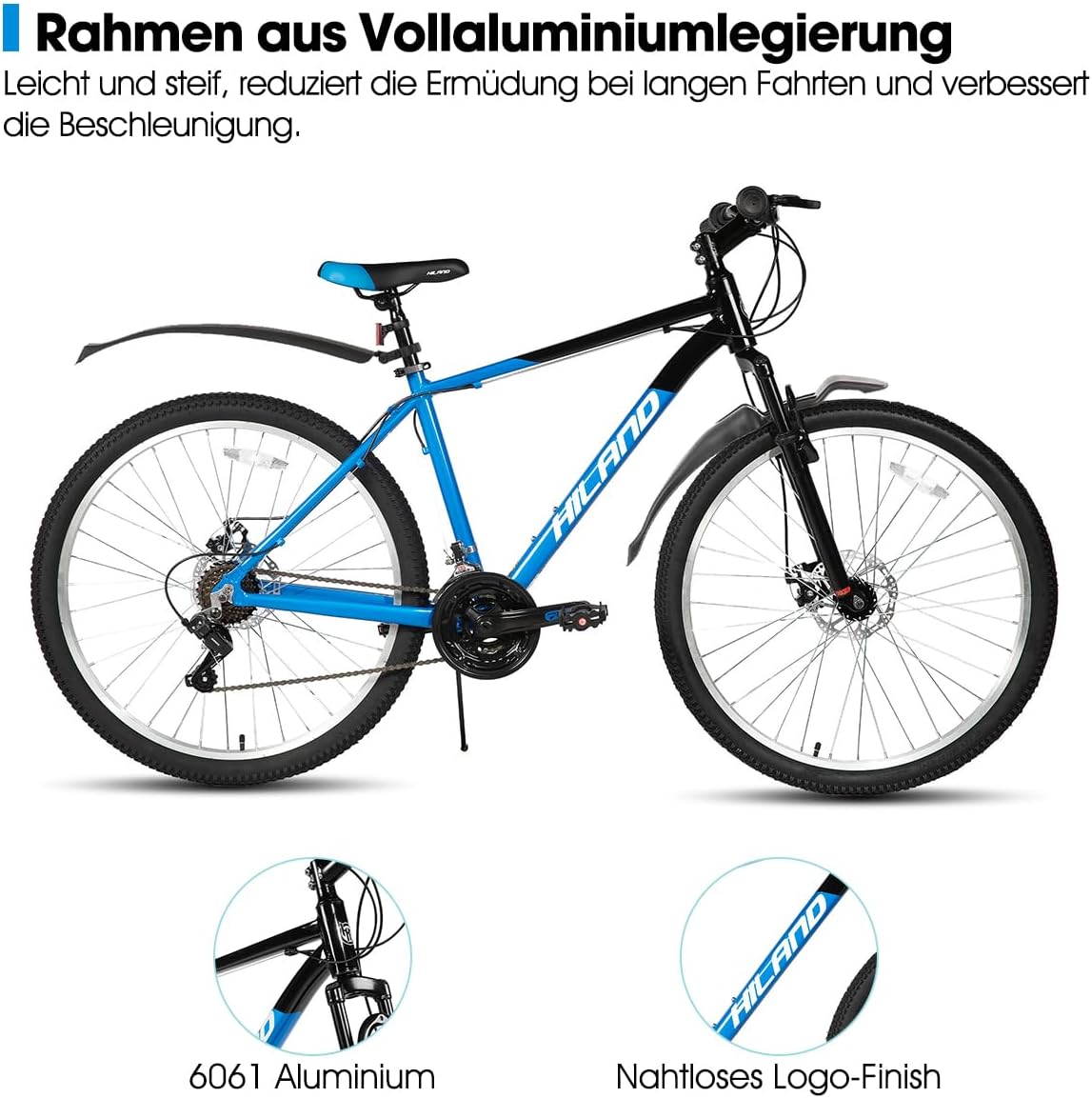 Hiland Mountainbike, 27,5 inch, 18 versnellingen, verende vork, aluminium frame, schijfrem voor mannen en vrouwen, MTB, blauwe fiets